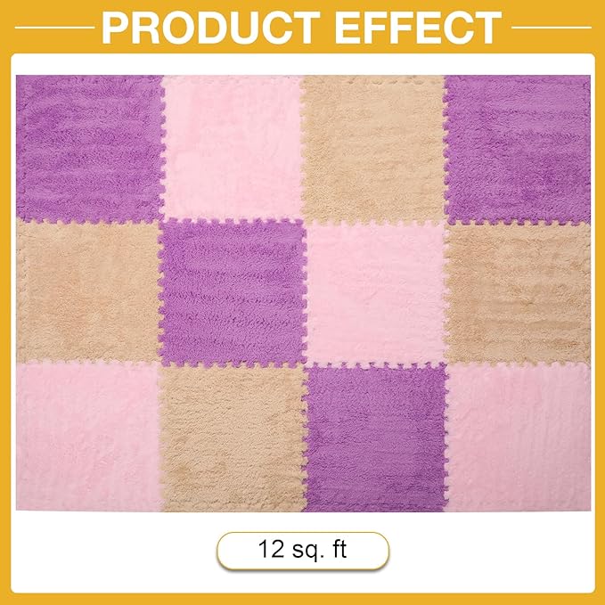 12 Pcs Plush Interlocking Carpet Tiles, Non-Toxic Foam Carpet Tiles for Toddler Baby, Anti-Slip, EVA Foam Interlocking Tiles for Floor, Nursery, Playroom, Purple, Light Brown, Pink