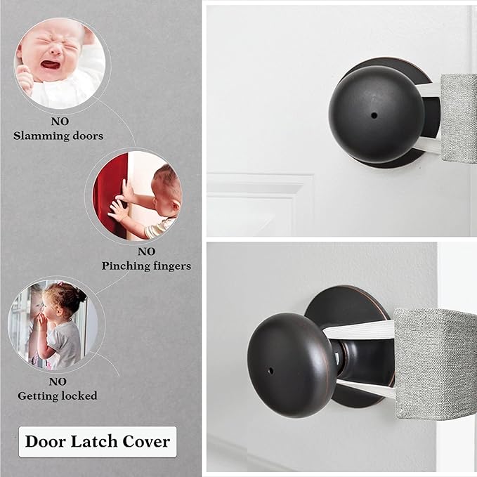 PONY DANCE Baby Door Latch Covers Closer - Nursery Door Closer Silencer with Strong Elastic Straps for Good Sleep Cushion for Jammer Noise Reducing, 3 Pieces, W 4 x L 2 inches, Frost Grey
