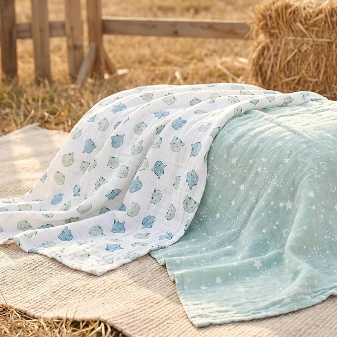 4-Pack Muslin Swaddle Blankets for Newborns | 100% Cotton Breathable Soft, Large 31.5"x43.3" | Multi-Use Stroller Sunshade Nursing Cover & Receiving Blanket, Blue Dinosaur