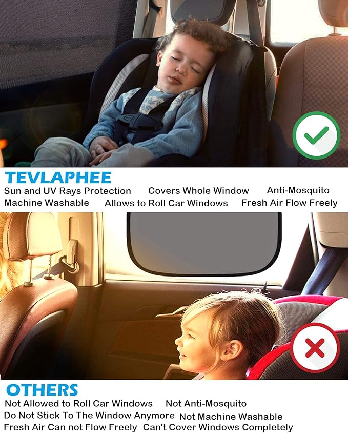 Tevlaphee Car Window Shades, 2 Pack Car Sunshade for Kids Breathable Universal Sun Visor Car Net for Baby with Certified UV for Side Window, Spandex Mesh Material Protect Privacy for Family (L)