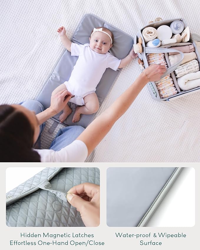 Lily Miles Baby Changing Pad Portable, Diaper Changing Mat with Magnetic Latches, Travel Pad for Diaper Bag, Baby Essentials, Wipeable & Waterproof Mat (Heather Gray, Regular)