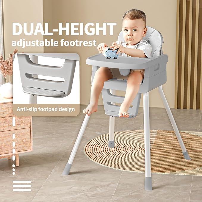 Portable 3 in 1 High Chairs for Babies and Toddlers, Convertible Baby Feeding Chair with Tray, Easy Clean Baby High Chair for Toddler with Foot Rest, Infant Highchairs & Booster Seats with Cush Grey