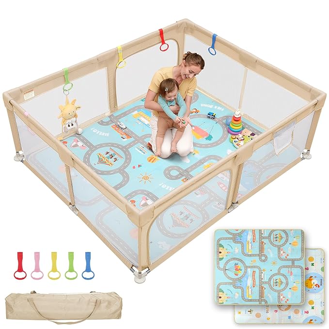 Dripex Baby Playpen with Mat, 71"x59" Play Pen for Toddlers 1-3 Years, Soft Breathable Visible Mesh, Indoor/Outdoor Portable Play Yard with Mat, Safe Baby Fence Play Area, Beige