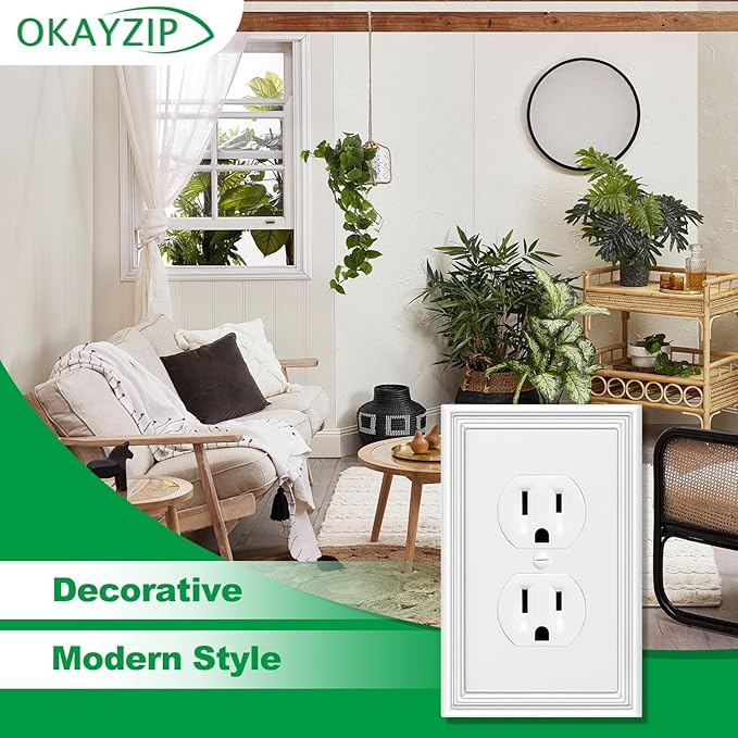 White Decorative Outlet Covers Wall Plates, Natural Material Electric Receptacle Cover Switch Plate Outlet Cover - Modern Style (1 Gang Single Duplex 4 Pack)