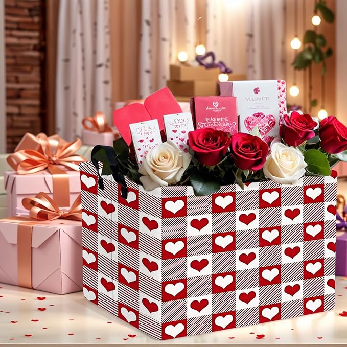 ASKETAM Valentine's Day Basket for Gifts Empty Cute Heart Large Gift Basket Decorative Storage Bin for Kid and Baby Room Décor (Deep Red Checkered Heart)