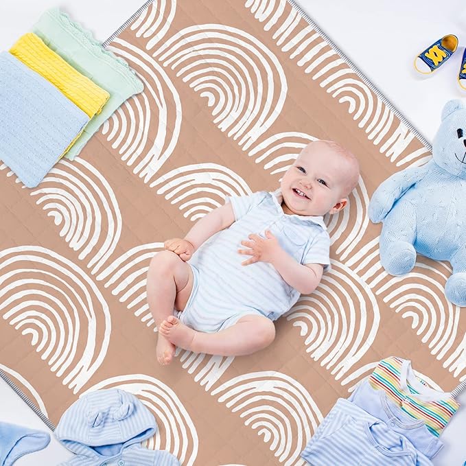 Funtery 43 x 43 Inch Boho Baby Play Mat Portable Crawling Washable Foldable Tummy Time Non Slip Baby Floor Large Playpen Mat for Infants Toddlers Floor Playpen Activity(Fresh Rainbow)