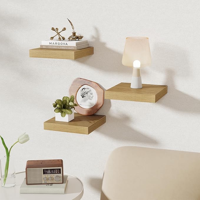 Fun Memories Square Floating Shelves for Wall, 9.3" W x 9.3" D x 1.4" H, Shelves for Wall with Invisible Brackets, Small Wood Storage Shelves for Kitchen, Living Room, Bedroom, Set of 3(Oak)