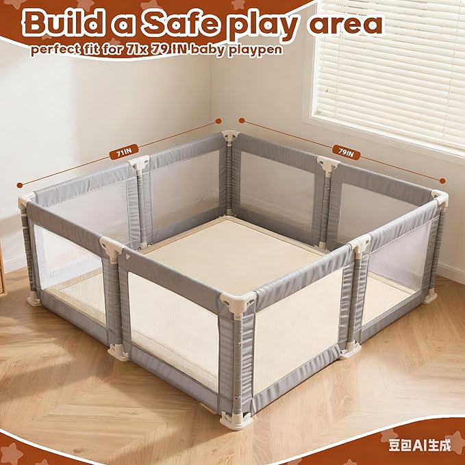 Baby Play Mat for Floor,1.3" Thick Elasti-Foam Playpen Mat for Tummy Time, Easy Care with Non-Slip Cushioned for Infant,Kids and Toddler Crawling