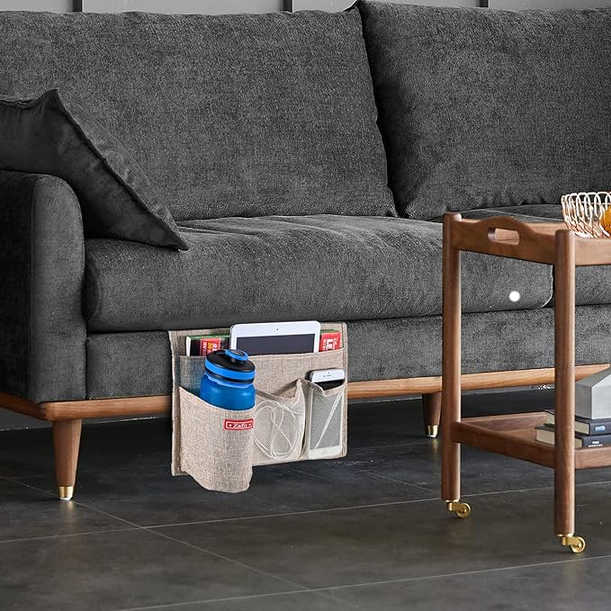 Linen 4 Pockets Bedside Caddy, Bedside Storage Organizer for Magazine, Remotes, Phone (Beige)