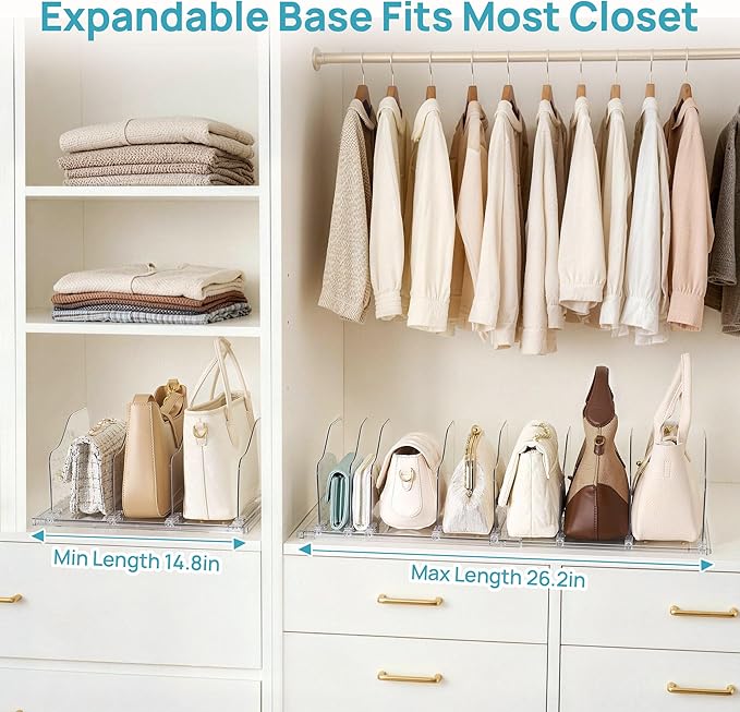 Vtopmart Free-Adjustable Purse Organizer for Closet with 4 Base, Clear Handbags Storage Organizer, Fits Different Bag Sizes & Closet Shelf, Expandable Plastic Shelf Dividers for Handbags, Wallets
