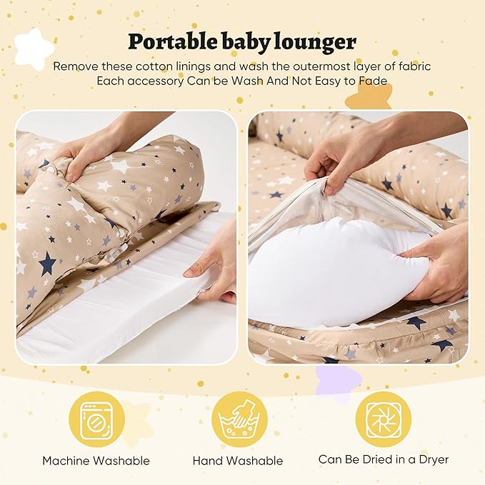 Miereirl Baby Lounger for Newborn, Dock A Tot & Baby Lounger Pillow with Soft Cotton, Infant Lounger for 0-24 Months, Baby Nest Lounger, Essentials Gifts Nest Cover - Star