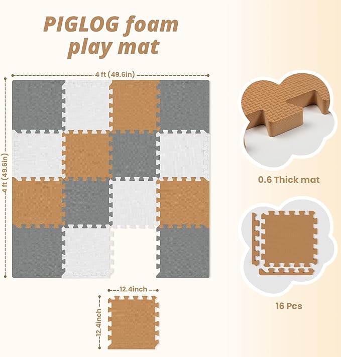 16 Tiles Baby Play Mat for Floor, EVA Foam Baby Floor Play Mat with 0.6 Inch Thick Interlocking Foam Tiles, Foam Floor Tiles for Baby, Toddlers and Kids (Brown-Gray-White, 16PCS)