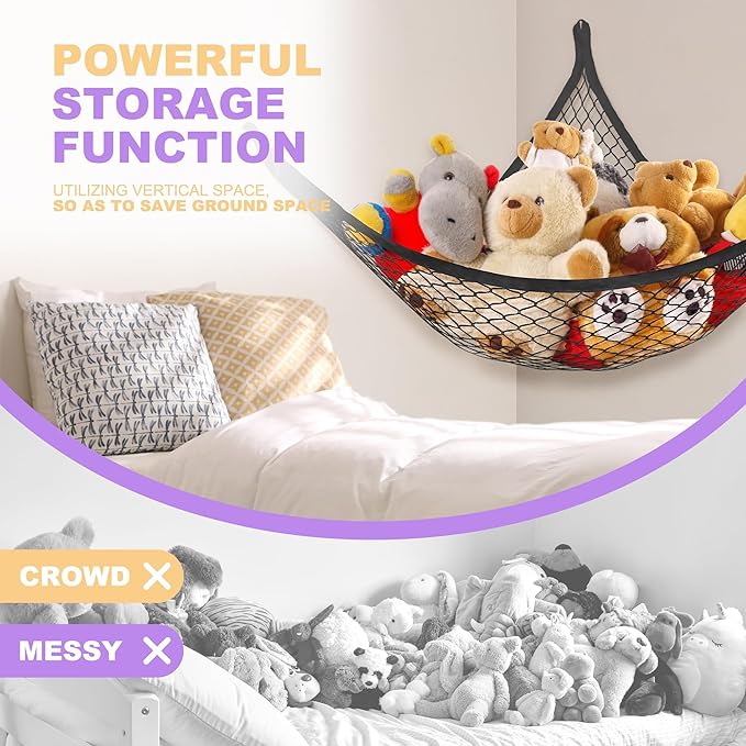 Lazebox Stuffed Animal Net Hammock for Plushie Toys, Stuffed Animal Hammock Corner for Kids' Room Decor, Ideas for Organizing Stuffy Collection, Black, L (67" x 40" x 40")-Pack of 1