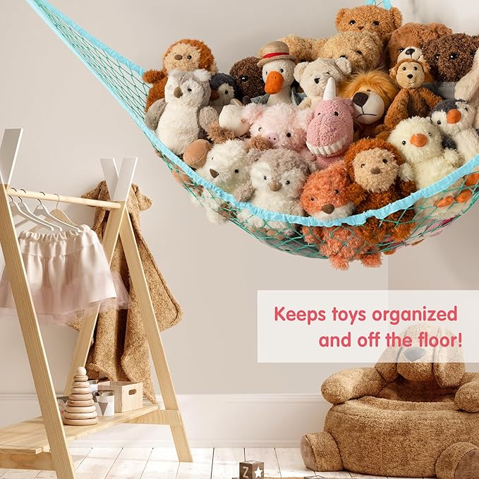 Stuffed Animal Storage Hammock Net Corner - Large Toy Hammock Net for Stuffed Animals Room Decor - Cute Stuff Animal Organizer Holder for Plush Plushie - Kids Baby Nursery Wall Bedroom Home Decor