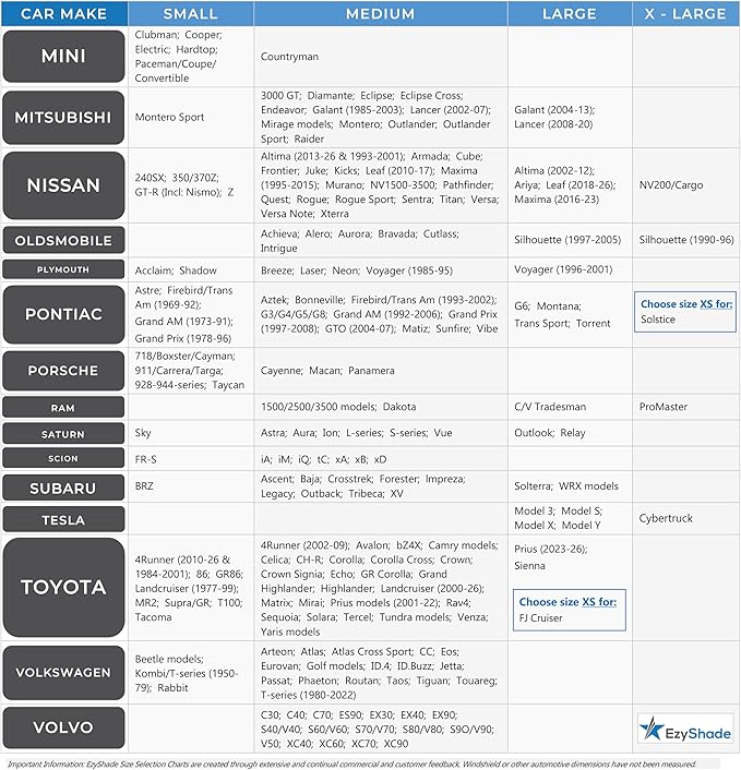 EzyShade Windshield Sun Shade with Shield-X Reflective Technology. See Vehicle Size-Chart. Foldable 1-Piece Car Sunshade Front Windshield Window Car SUV Truck. Sun Visor Heat Shield. Medium (M) Size