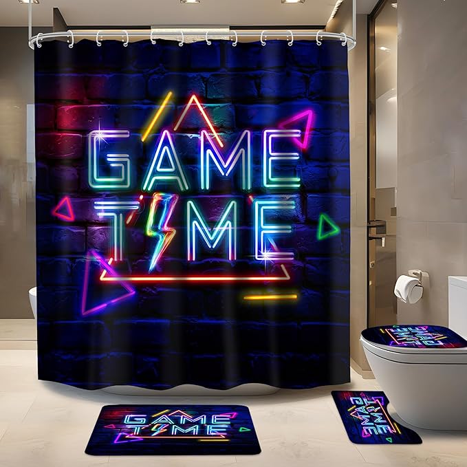 4 PCS Game Time Shower Curtain Set 72Wx72H Funny Neon Gaming Boys Children Bathroom Set Non-Slip Bath Rug Toilet Lid Cover U Shape Mat Complete Bathtub Accessories with 12 Hooks Bathroom Decor