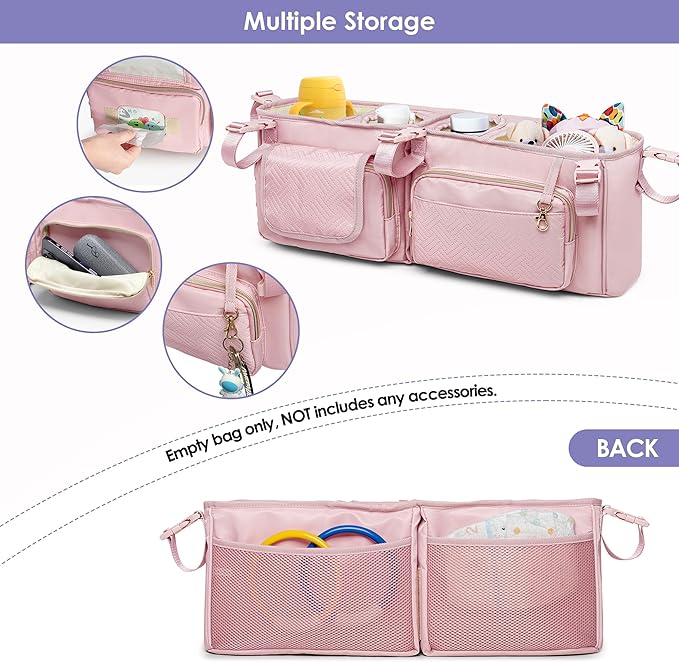 Double Stroller Organizer Compabitle with BOB Duallie and Baby Jogger City Mini GT2 Double Stroller, Double Parent Stroller Caddy Organizer with Cup Holder and Cooler Bag, Pink(Empty Bag)