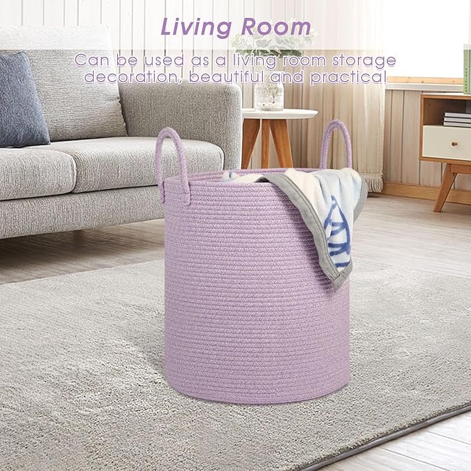Girl Laundry Basket,Laundry Hamper,15''x18'' Cotton Rope Storage Basket for organizing,Tall Woven Blanket Basket for Living Room,Nursery Hamper,Baby Toy Laundry Bin (Light purple)