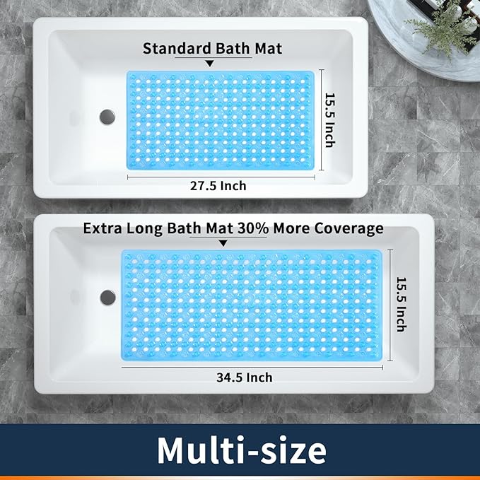 Yimobra Bathtub Mat Non Slip, 27.5"x15.5" Machine Washable Shower Floor Mat, Soft on Feet, Bathmat with Drain Holes and Suction Cups, Bathroom Essentials, Clear Blue