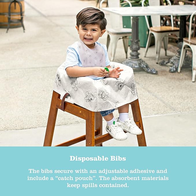 J.L. Childress Disney Baby Dining Out Bundle - Disposable Table Placemats & Bibs for Baby, High Chair Covers for Restaurant, Kids Travel Essentials for Eating - 3 Bundles