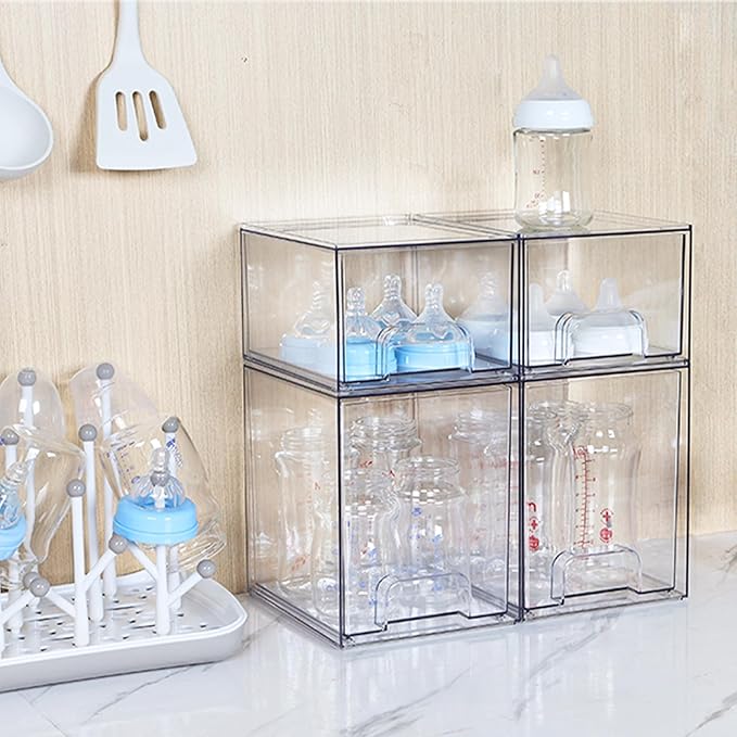 Vtopmart 7.6" H Clear Stackable Storage Drawers, 2 Pack Plastic Organizers Bins for Skincare, Cosmetics,Beauty Supplies,Ideal for Vanity, Bathroom,Kitchen Countertop,Cabinet Organization