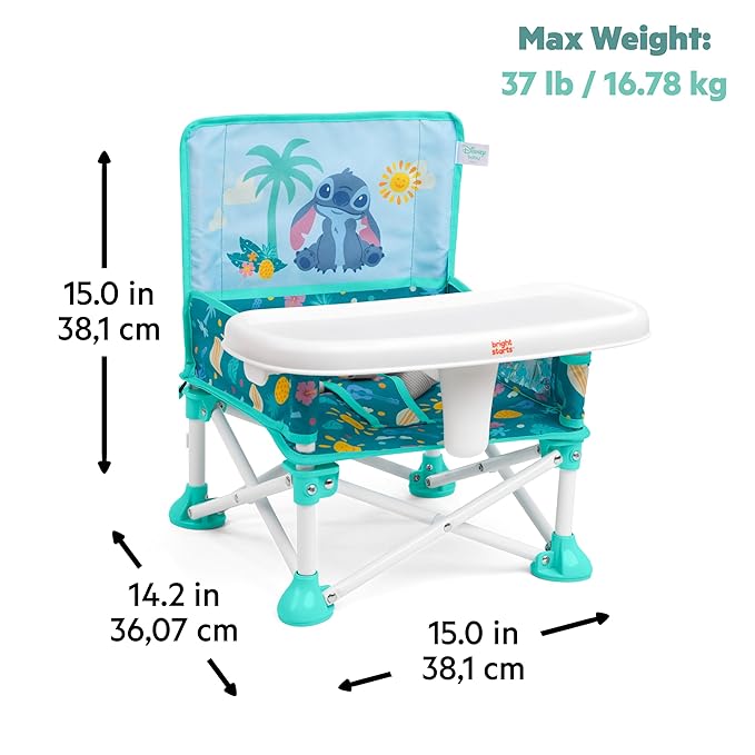 Bright Starts Disney Stitch Pop 'N Sit Portable Booster, Indoor/Outdoor Use, Floor Seat with Feeding Tray, Blue, 6 Mos - 3 Yrs