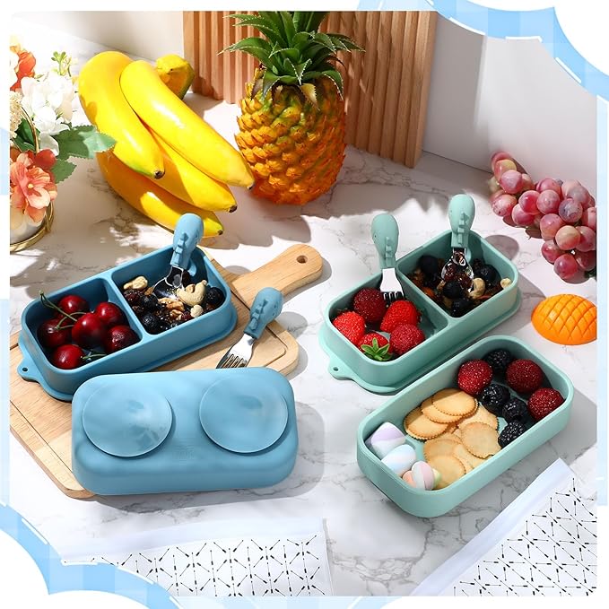 Uiifan 2 Pack Baby Suction Plate Set Silicone Suction Plate with Lid Divided Bowls for Portable Toddler Utensils Compact for Self Feeding Baby Travel Essential(Blue, Sage Green)