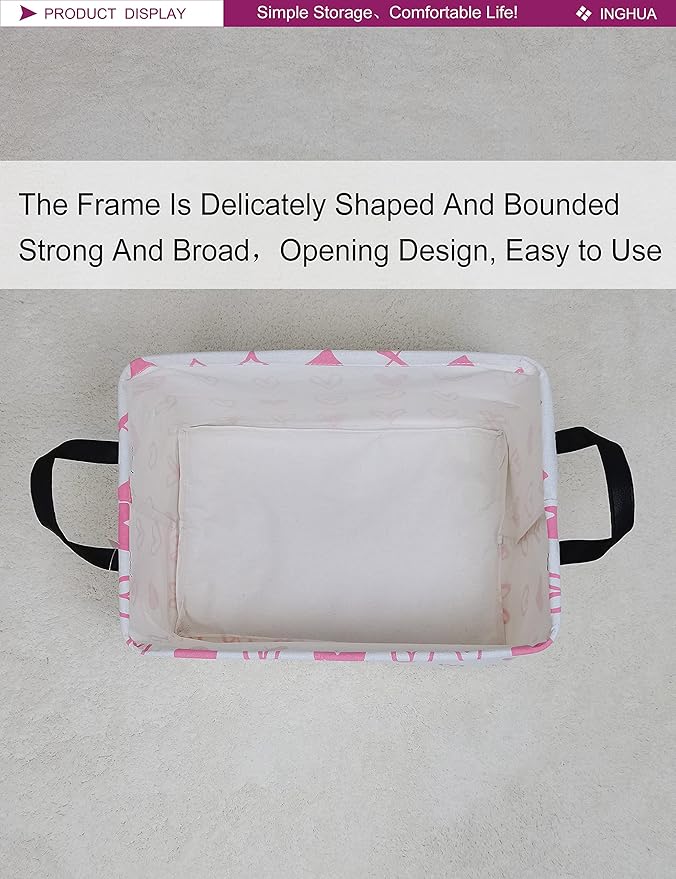 INGHUA Rectangular Storage Basket Fabric Organizer Bin for Toys,Books,Clothes,Gifts,Pets-Perfect for Home,Office,Nursery,Dorm,Shelf(Rec-Pink hearts )