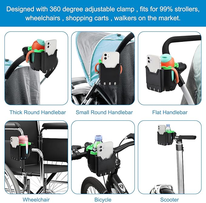 Accmor Stroller Cup Holder with Phone Holder, Universal Cup Holder, 2-in-1 Cup Phone Holder for Stroller, Bike, Walker, Wheelchair