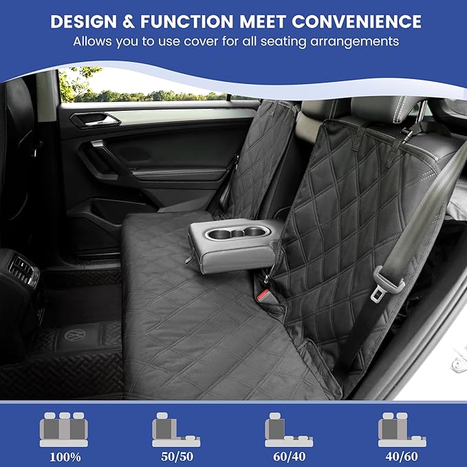 Back Seat Cover for Compact Cars/SUVs Rear Split Bench - 900D Oxford Waterproof Non-Slip Car Seat Protector for Messy Kids & Drooling Dogs, Easy Clean(Black)