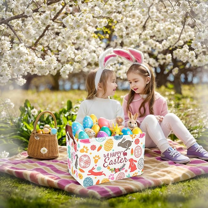ASKETAM Easter Basket for Kid Large Empty Rectangular Cute Easter Gift Storage Basket Bunny Eggs Décor (Rabbit Bohemia)