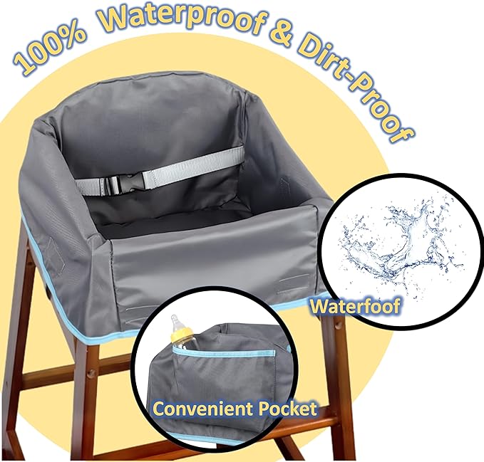 SANQOUYTT Reusable Waterproof High Chair Cover,for Wooden or Restaurant High Chair, Protect Against Messy Meals and Dirty,Dual-Belt Baby High Chair Cover,Waterproof and Washable,Gray