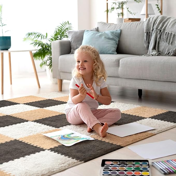 36 Pcs Plush Interlocking Carpet Tiles, Non-Toxic Foam Carpet Tile for Toddler Baby, Anti-Slip, EVA Foam Interlocking Tiles for Floor, Nursery, Playroom, Grey White Light Brown