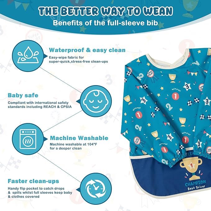 Little Dimsum Mess-Proof Baby Bibs|Infant Toddler Long Sleeve Waterproof Feeding Smock|Catching Food & Wipe Clean