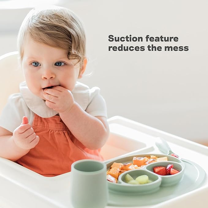 ezpz Mini Mat (Sage) - 6 -12 Months+ - 100% Silicone Suction Placemat + Divided Plate with Three Compartments - Supports Baby-Led Weaning - Designed for Highchair, Table, and Travel