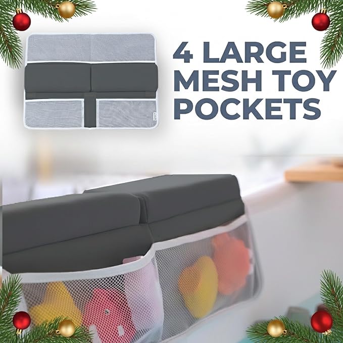 Comfortable Baby Bath Kneeler and Elbow Rest Pad Set – Thick Memory Foam Bath Kneeling Pad with Elbow Support – Baby Bathtub Cushion with Toy Organizer for Bathing Infant or Toddler - Dark Grey