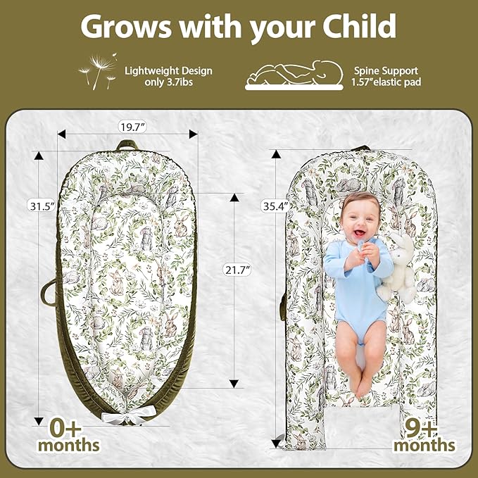 Baby Lounger-Breathable and Soft Organic 100% Cotton, Portable Infant Lounger with Removable Lounger Cover, Baby Nest Lounger for Newborn - Green Rabbit