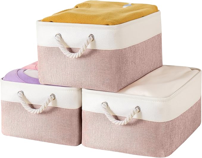 LordCom Storage Bins with Sturdy Cotton Handles(3 Pack), Fabric Storage Baskets for Organizing use for Office & Home, Book, Clothes, Toys, Closet Boxes (Small, Pink-White, 12.2x8.3x6.3 inches)