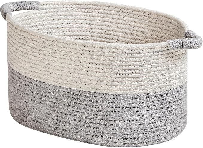 R RUNKA Storage Baskets for Organizing | 15"x10.2"x9.1" - 1 Pack Nursery Bin with Handles - Woven Cotton Rope Baskets for Dog Toys, Books, Shelf, Bathroom,Closet -Stylish Storage |White & Grey