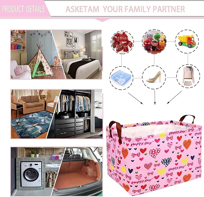 ASKETAM Valentine's Day Basket Gift for Empty Cute Heart Large Storage Bin for Kid and Baby Room Décor (Happy Day Love)