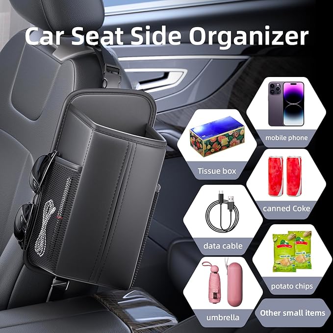 Car Tissue Holder for Front Seat, Headrest Organizer with 2 Side Mesh Pockets for Phones & Cards, tissue box cover square Fits 150 Tissues, Durable PU Leather