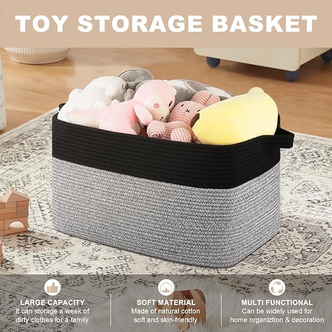 OIASKET Blanket Basket for Living Room, Woven Cotton Rope Basket for Storage Clothes, Towels, Pillows, Toy Storage Bin for kids with Handles, 20" x 16" x 12", Black and Grey