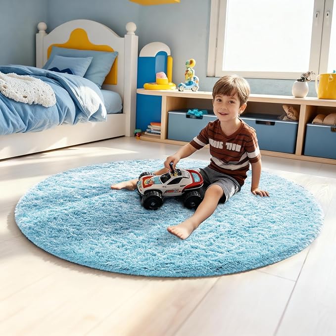Ophanie Area Rugs for Bedroom Living Room,Color Light Blue,Size 4',Shape Round