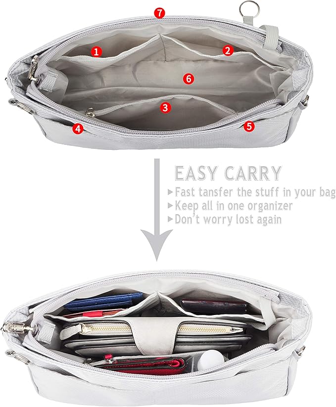 Vercord Expandable Nylon Handbag Purse Organizer Insert Liner Shaper Bag in Bag Beige Grey XLarge
