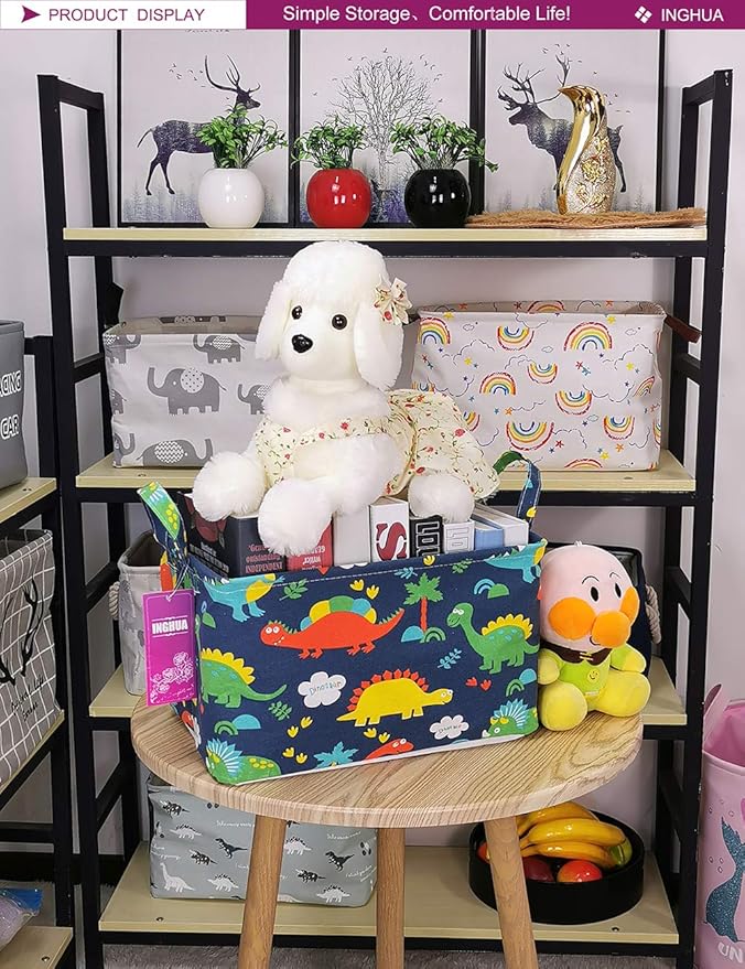 INGHUA Rectangular Storage Basket Fabric Organizer Bin for Toys,Books,Clothes,Gifts,Pets-Perfect for Home,Office,Nursery,Dorm,Shelf(Rec Forest Dinosaurs)