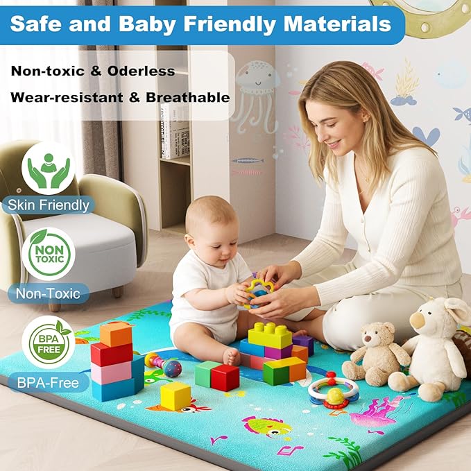 1.3" Thick Baby Play Mat for Floor, Elasti-Foam 71x59 Playpen Mat, Water Repellent Ultra Soft Coral Velvet Tummy Time Crawling Mats for Kid Toddlers Infants, Non-Slip Backing Safe for Crawling Ocean
