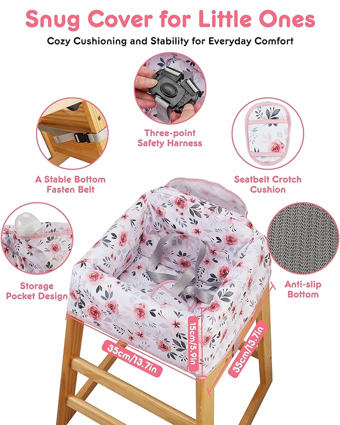 Lunobubo Baby High Chair Cover Restaurant with Strap Pads & 3-Point Harness, Machine Washable, Waterproof Portable Highchair Covers for Eating, Travel, Home Use - Fits Wooden Chairs, Pink Flowers