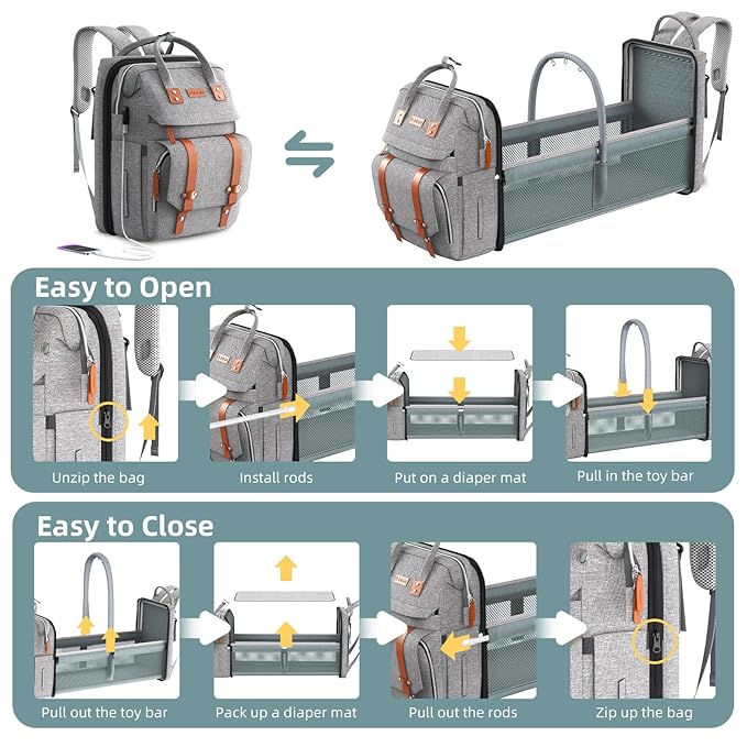 ISMGN Diaper Bag Backpack with Changing Station, Large Diaper Bag, Baby Bag, Multifunctional Diaper Bag, Gray
