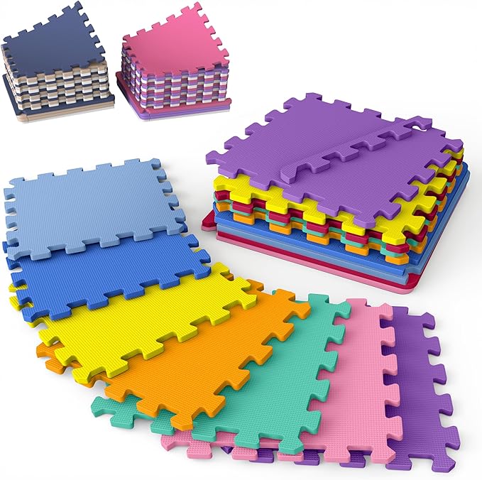 16 Tiles with Borders | 12" x 12" Baby Play Mat Foam Puzzle Floor Tiles | Non-Toxic Soft Waterproof Interlocking EVA Playmat for Nursery Playroom Playpen Toddler Tummy Mat