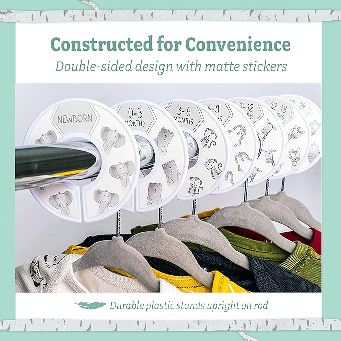 Baby Nest Designs Closet Dividers - 7x Baby Clothes Size Dividers, Newborn to 24 Months, Grey Animals Nursery Closet Organizer